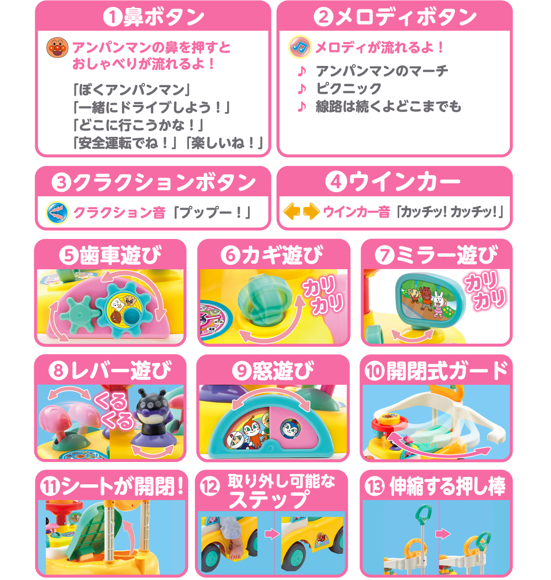 1.鼻ボタン／2.メロディボタン／3.クラクションボタン／4.ウインカー／5.歯車遊び／6.カギ遊び／7.ミラー遊び／8.レバー遊び／9.窓遊び／10.開閉式ガード／11.シートが開閉！／12.取り外し可能なステップ／13.伸縮する押し棒