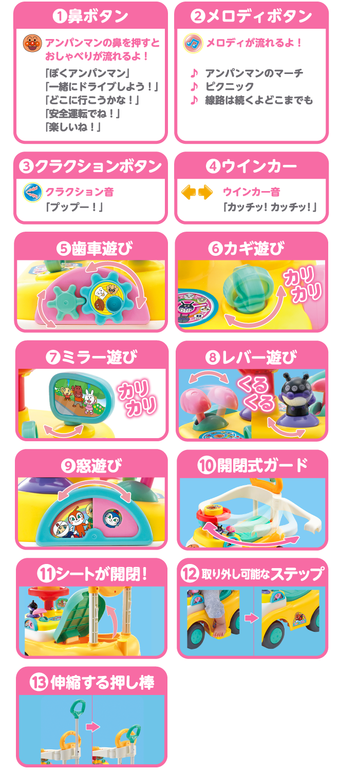 1.鼻ボタン／2.メロディボタン／3.クラクションボタン／4.ウインカー／5.歯車遊び／6.カギ遊び／7.ミラー遊び／8.レバー遊び／9.窓遊び／10.開閉式ガード／11.シートが開閉！／12.取り外し可能なステップ／13.伸縮する押し棒